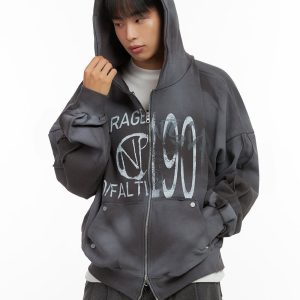 Men's Paint Washed Graphic Zip-Up Hoodie IO420