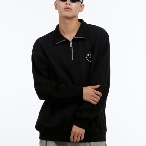 Men's Classic Cotton Half-Zip Graphic Hoodie (Black) IS413