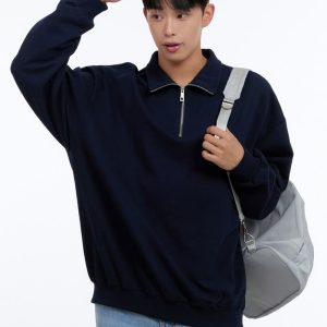 Men's Classic Cotton Half-Zip Graphic Hoodie (Dark blue) IS413