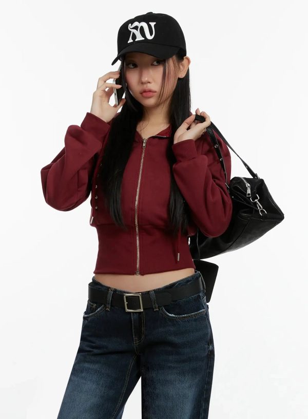 Studded Crop Zip-Up Hoodie ID525
