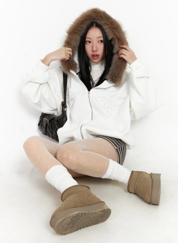 Oversized Fleece Faux Fur Zip-Up Hoodie CD529