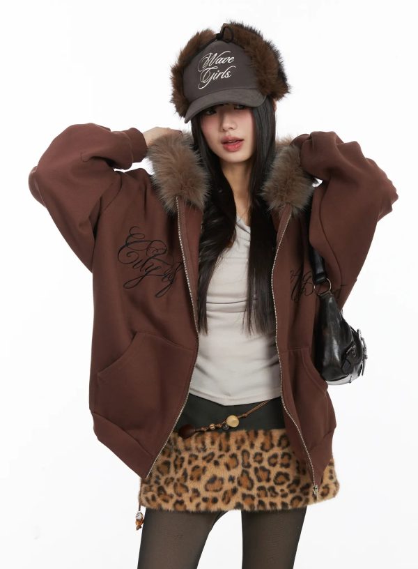 Oversized Faux Fur Fleece Zip-Up Hoodie CD529
