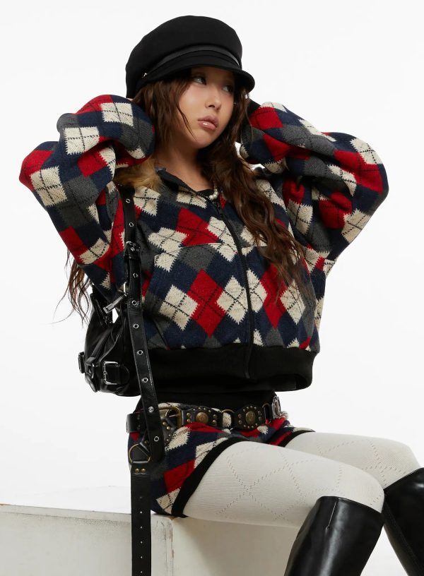 Argyle Faux Fur Trim Zip-Up Hoodie CD512