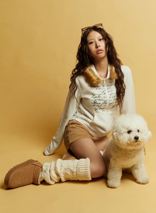 Graphic Faux Fur Trim Zip-Up Hoodie CD512