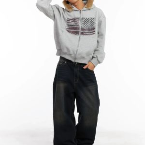 Men's Flag Graphic Fur Zip-Up Hoodie ID511