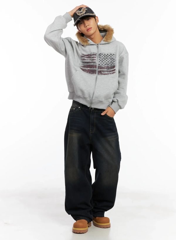 Men's Flag Graphic Fur Zip-Up Hoodie ID511