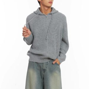 Men's Ribbed Knit Zip-Up Hoodie ID511