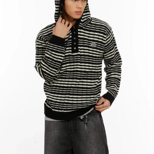 Men's Striped Henley Knit Hoodie ID524
