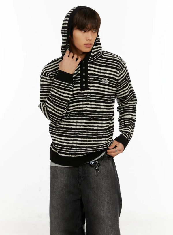 Men's Striped Henley Knit Hoodie ID524